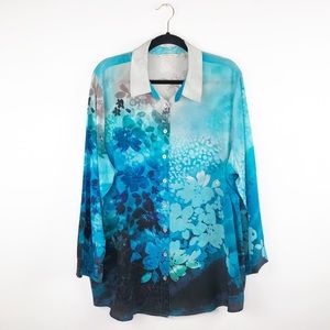 Soft surroundings silk blue Asian floral blouse